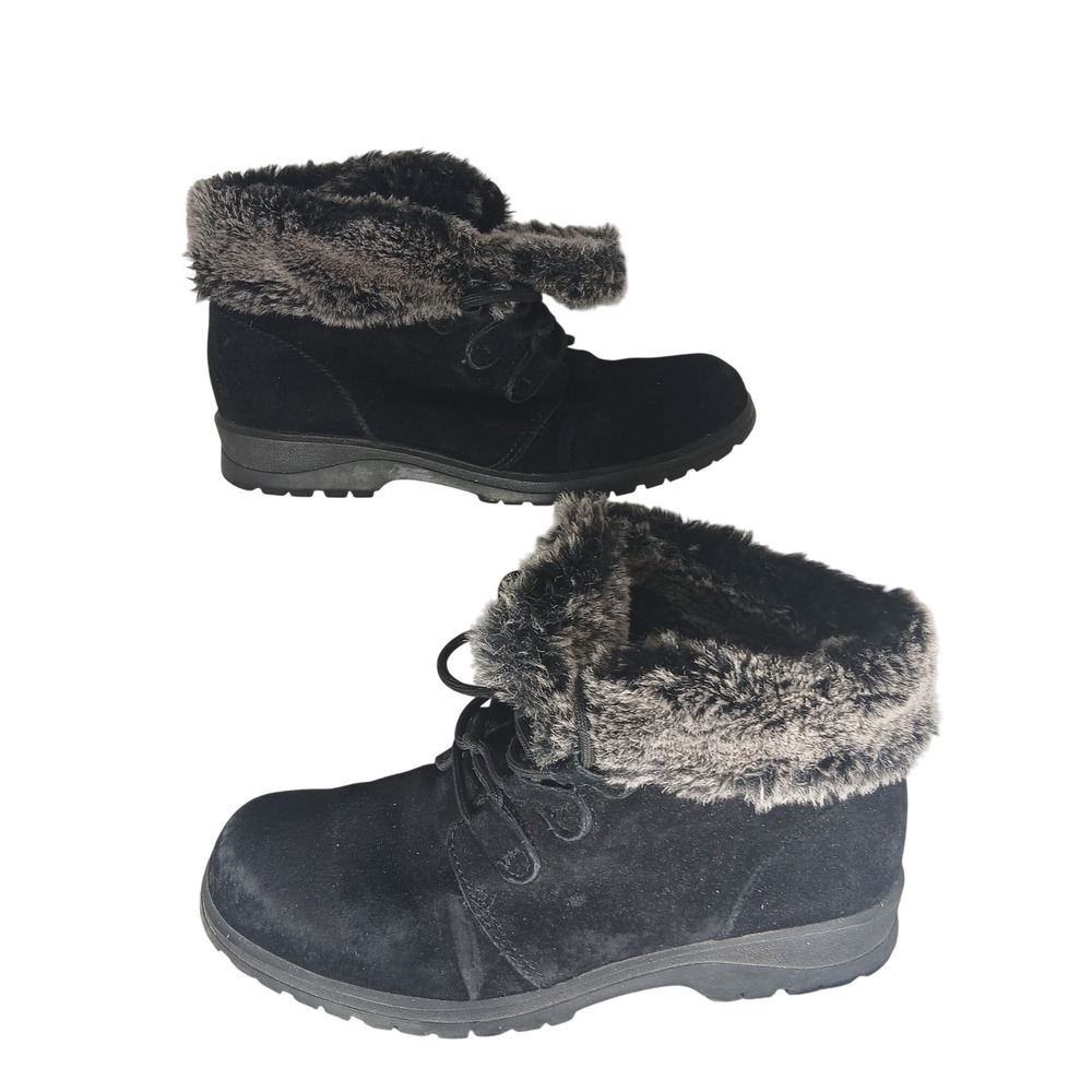 Cobbie Cuddlers Womens Black Suede Faux Fur Trim Ankle Boots Lace Up Size 7.5
